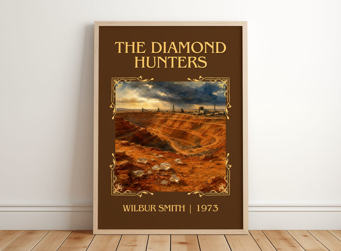 The Diamond Hunters Classic Book Art Print by Wilbur Smith – framed print leaning on a wooden floor