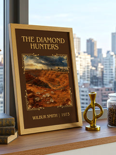 The Diamond Hunters Classic Book Art Print by Wilbur Smith – framed print on a city-view windowsill