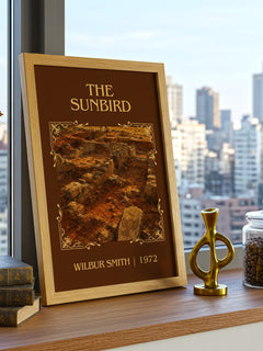 The Sunbird Classic Book Art Print by Wilbur Smith – framed print on a city-view windowsill