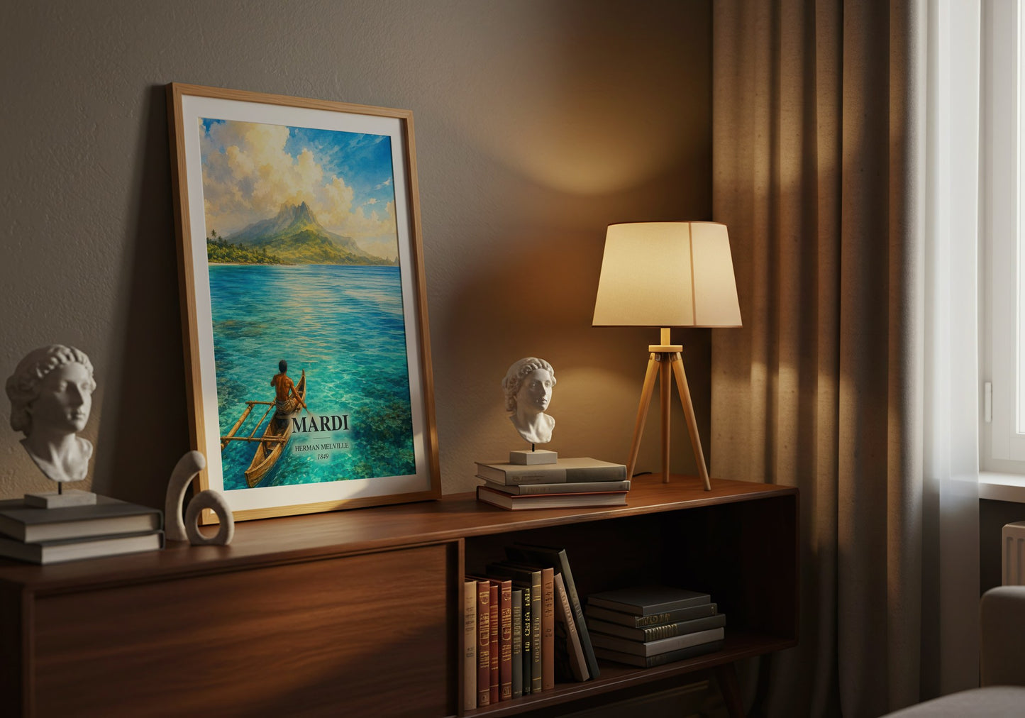 Mardi watercolour print on bookshelf – Herman Melville fan gift