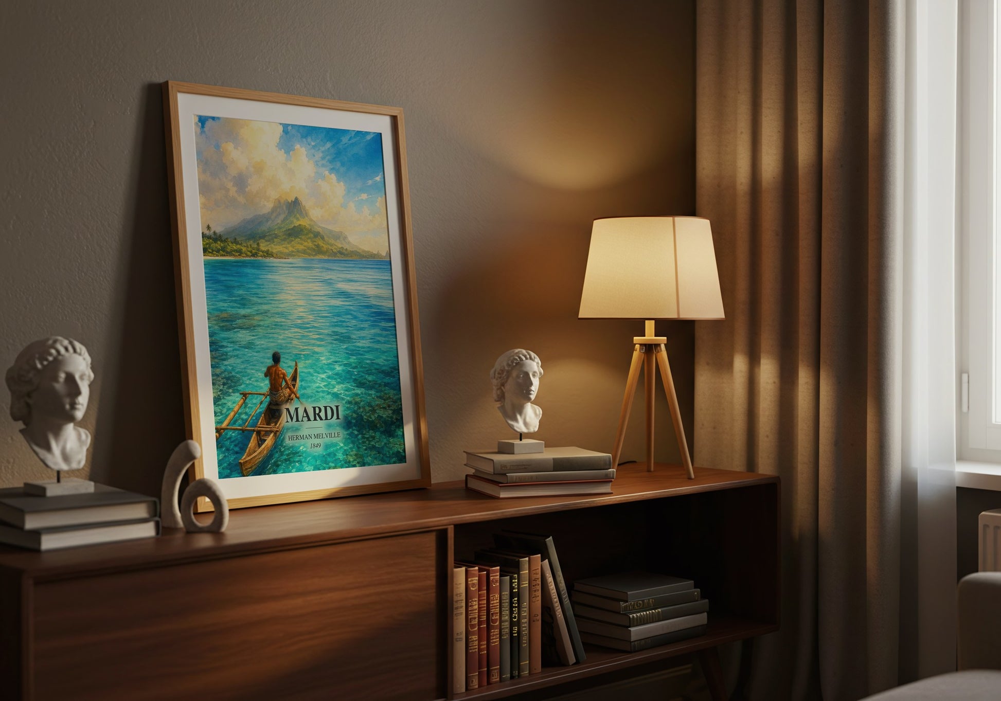 Mardi watercolour print on bookshelf – Herman Melville fan gift