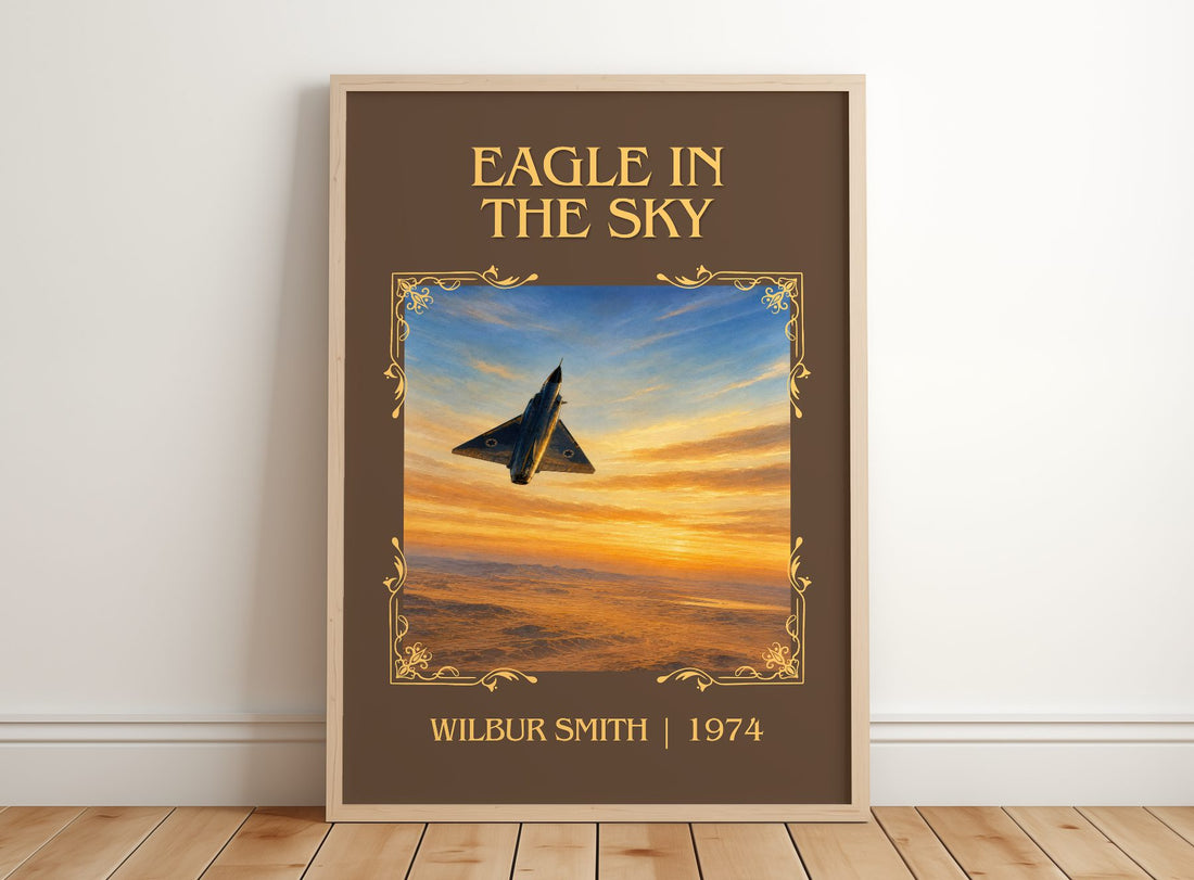 Eagle in the Sky Classic Book Art Print by Wilbur Smith – framed print leaning on a wooden floor