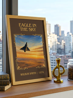 Eagle in the Sky Classic Book Art Print by Wilbur Smith – framed print on a city-view windowsill