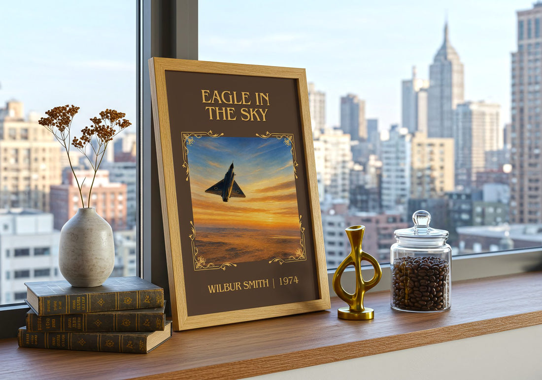 Eagle in the Sky Classic Book Art Print by Wilbur Smith – framed print on a city-view windowsill
