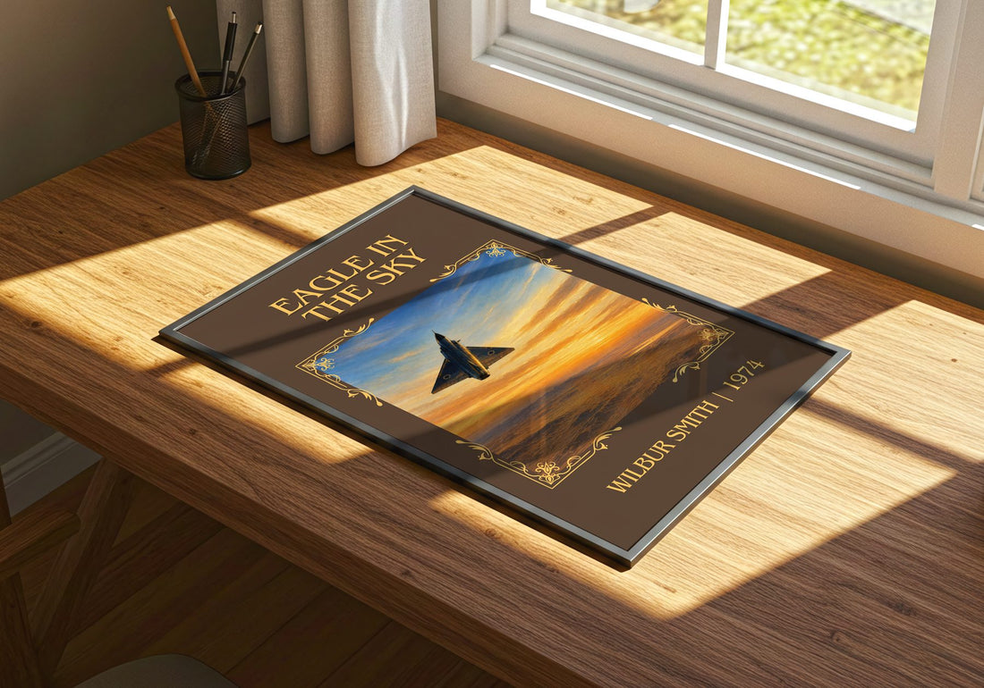 Eagle in the Sky Classic Book Art Print by Wilbur Smith – print on a sunlit desk