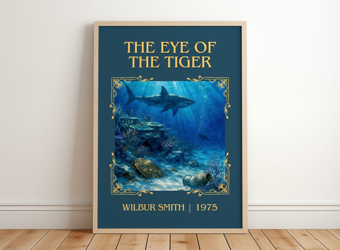 The Eye of the Tiger Classic Book Art Print by Wilbur Smith – framed print leaning on a wooden floor