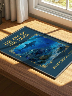The Eye of the Tiger Classic Book Art Print by Wilbur Smith – print on a sunlit desk