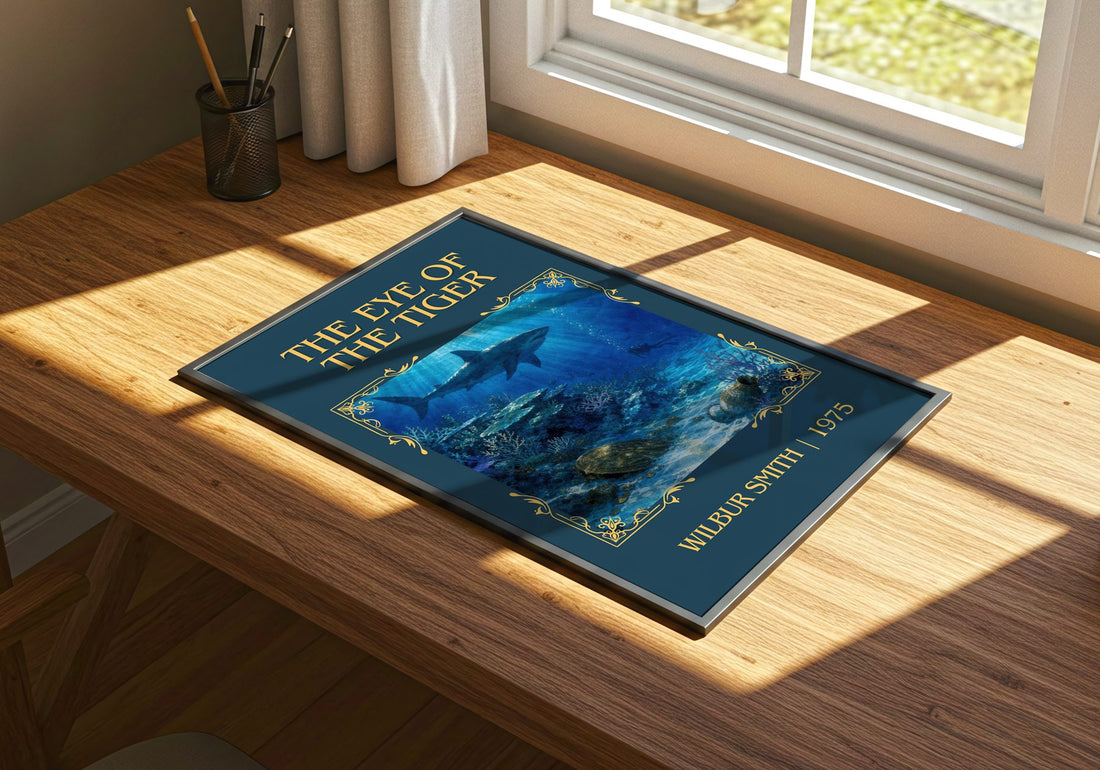 The Eye of the Tiger Classic Book Art Print by Wilbur Smith – print on a sunlit desk