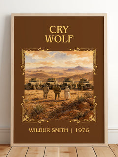 Cry Wolf Classic Book Art Print by Wilbur Smith – framed print leaning on a wooden floor