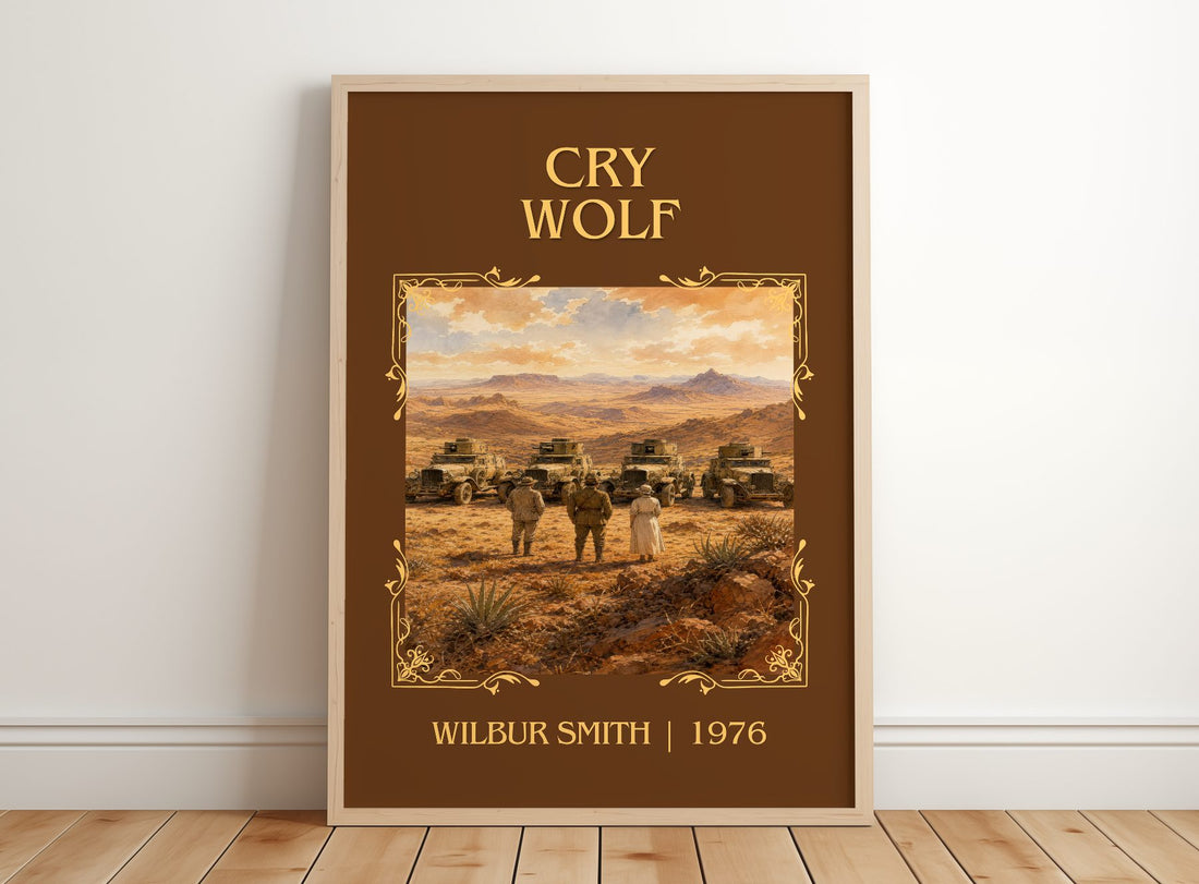 Cry Wolf Classic Book Art Print by Wilbur Smith – framed print leaning on a wooden floor