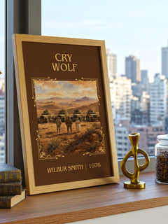 Cry Wolf Classic Book Art Print by Wilbur Smith – framed print on a city-view windowsill