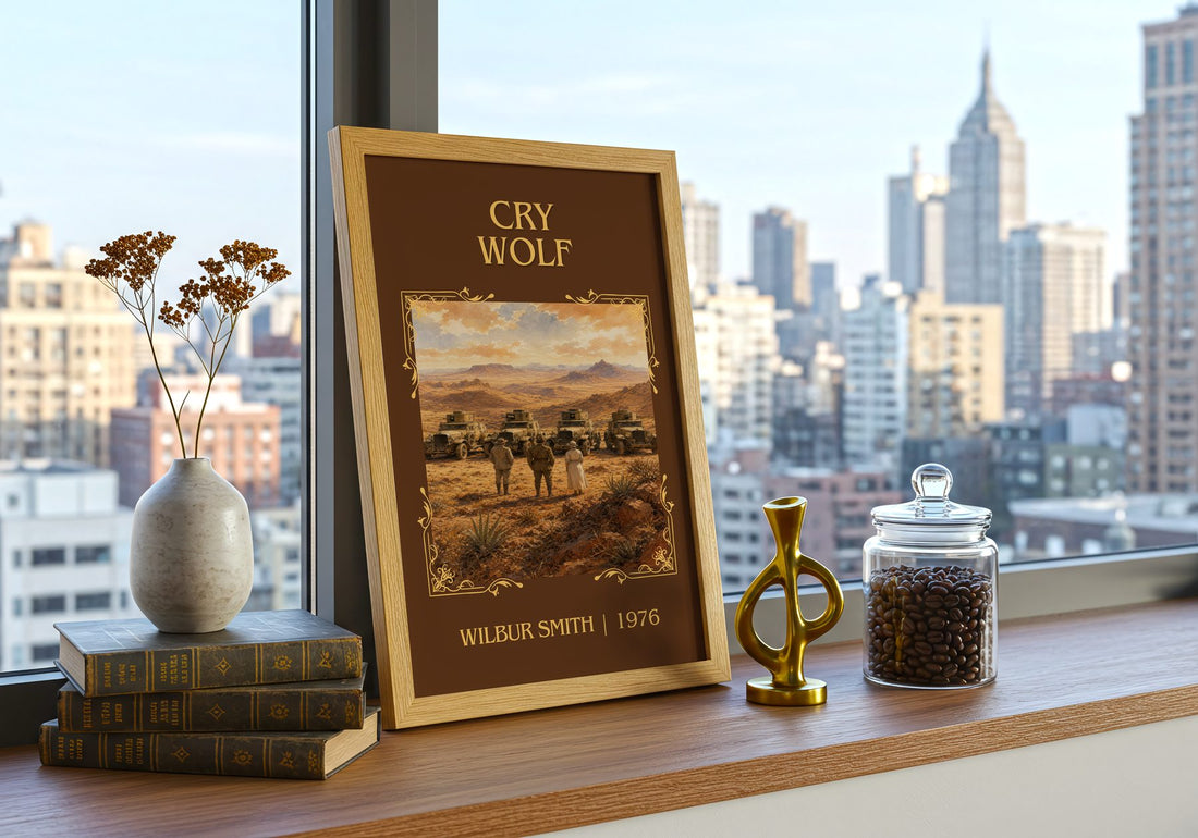 Cry Wolf Classic Book Art Print by Wilbur Smith – framed print on a city-view windowsill