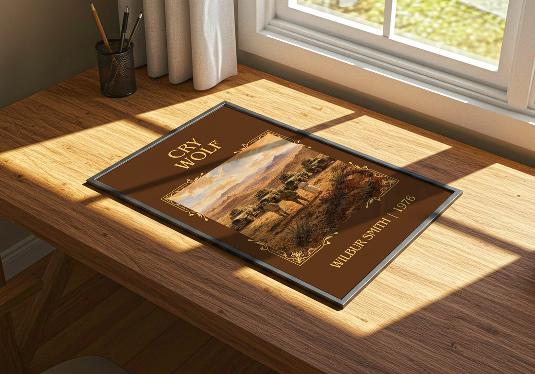 Cry Wolf Classic Book Art Print by Wilbur Smith – print on a sunlit desk
