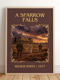 A Sparrow Falls Classic Book Art Print by Wilbur Smith – framed print leaning on a wooden floor