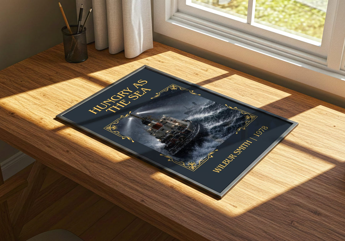 Hungry as the Sea Classic Book Art Print by Wilbur Smith – print on a sunlit desk