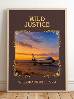 Wild Justice Classic Book Art Print by Wilbur Smith – framed print leaning on a wooden floor