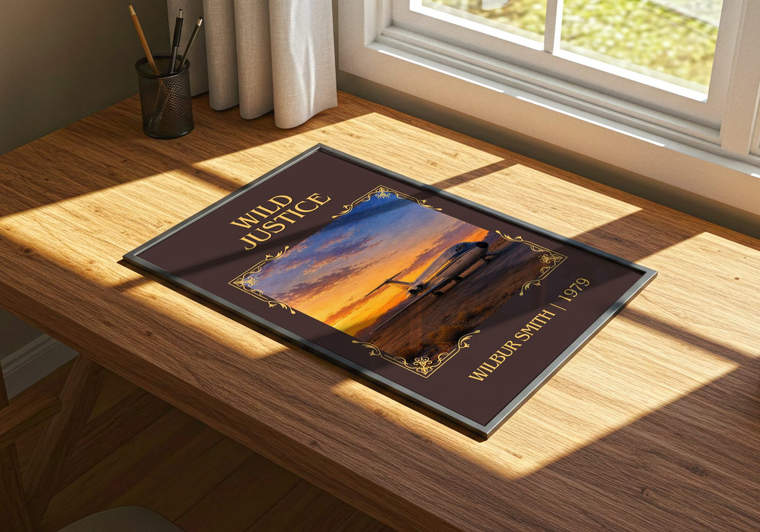 Wild Justice Classic Book Art Print by Wilbur Smith – print on a sunlit desk