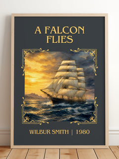 A Falcon Flies Classic Book Art Print by Wilbur Smith – framed print leaning on a wooden floor