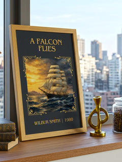 A Falcon Flies Classic Book Art Print by Wilbur Smith – framed print on a city-view windowsill
