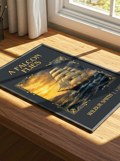 A Falcon Flies Classic Book Art Print by Wilbur Smith – print on a sunlit desk