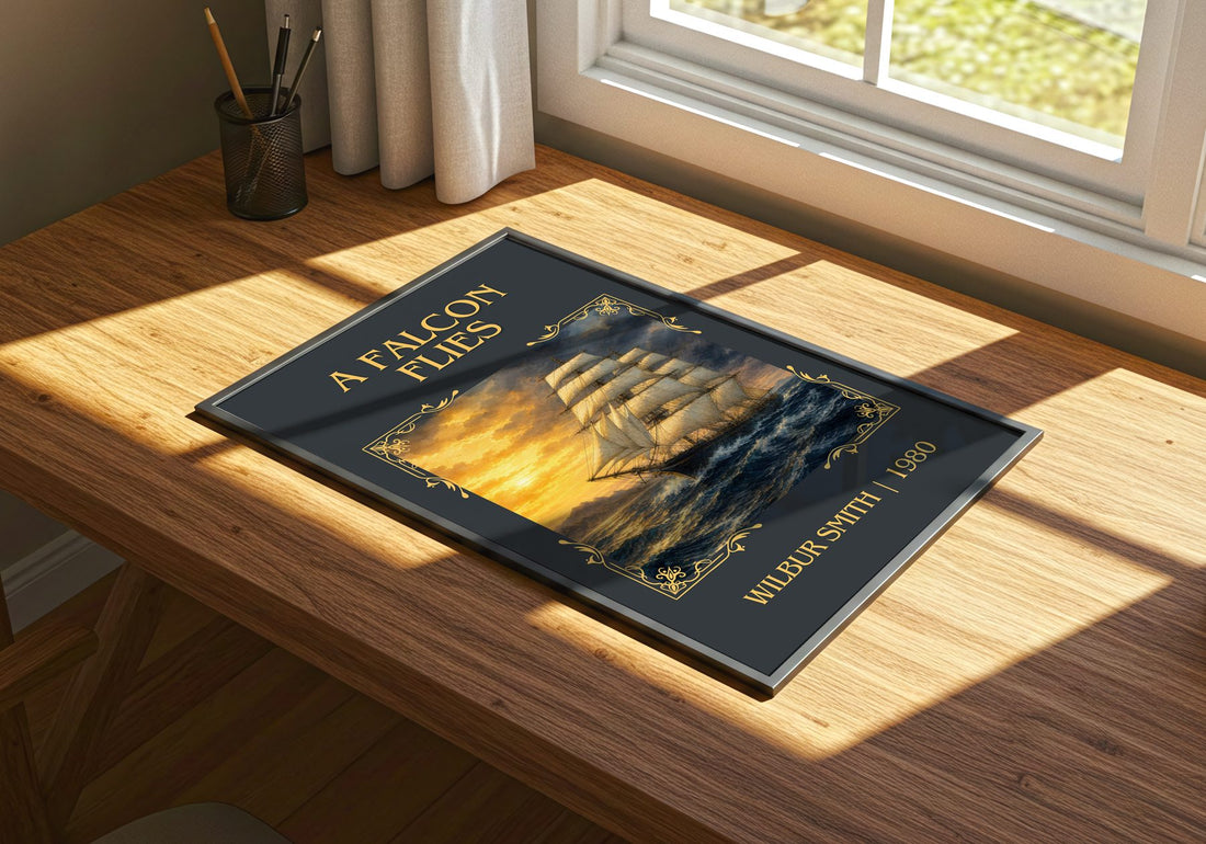 A Falcon Flies Classic Book Art Print by Wilbur Smith – print on a sunlit desk