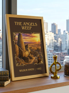 The Angels Weep Classic Book Art Print by Wilbur Smith – framed print on a city-view windowsill