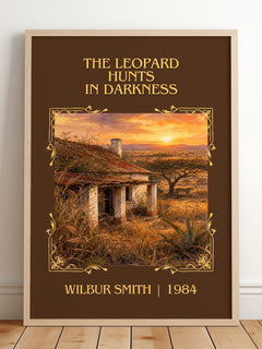 The Leopard Hunts in Darkness Classic Book Art Print by Wilbur Smith – framed print leaning on a wooden floor