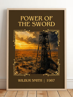 Power of the Sword Classic Book Art Print by Wilbur Smith – framed print leaning on a wooden floor