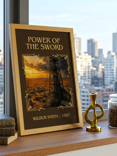 Power of the Sword Classic Book Art Print by Wilbur Smith – framed print on a city-view windowsill
