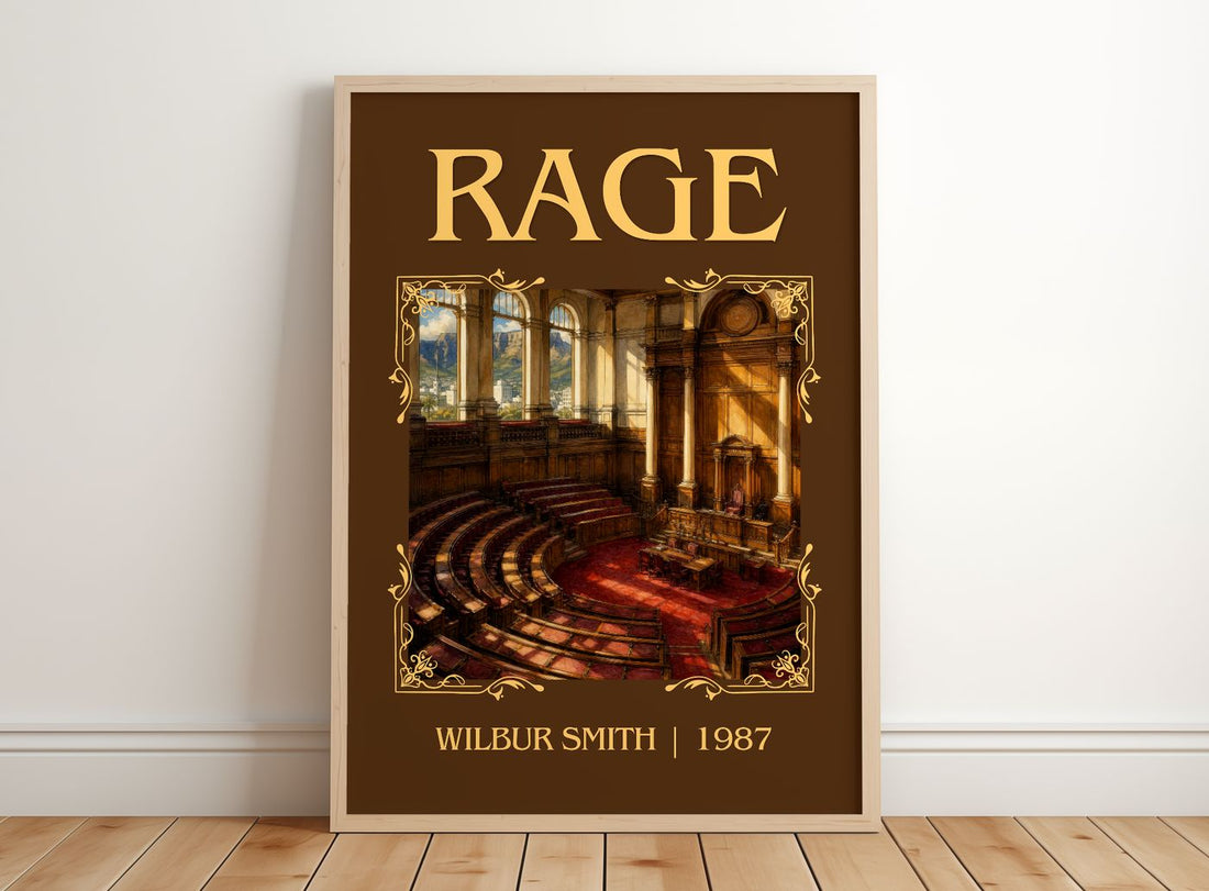 Rage Classic Book Art Print by Wilbur Smith – framed print leaning on a wooden floor