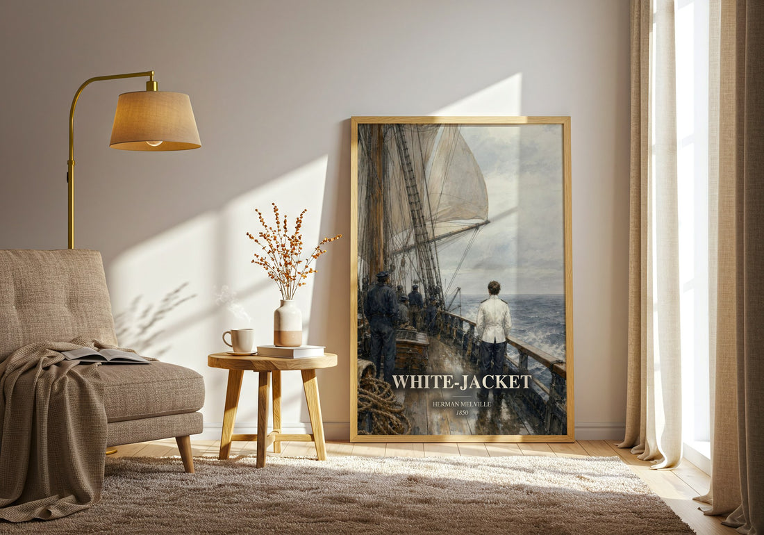White-Jacket watercolour print in frame leaning in hallway – historical fiction wall art (mockup)