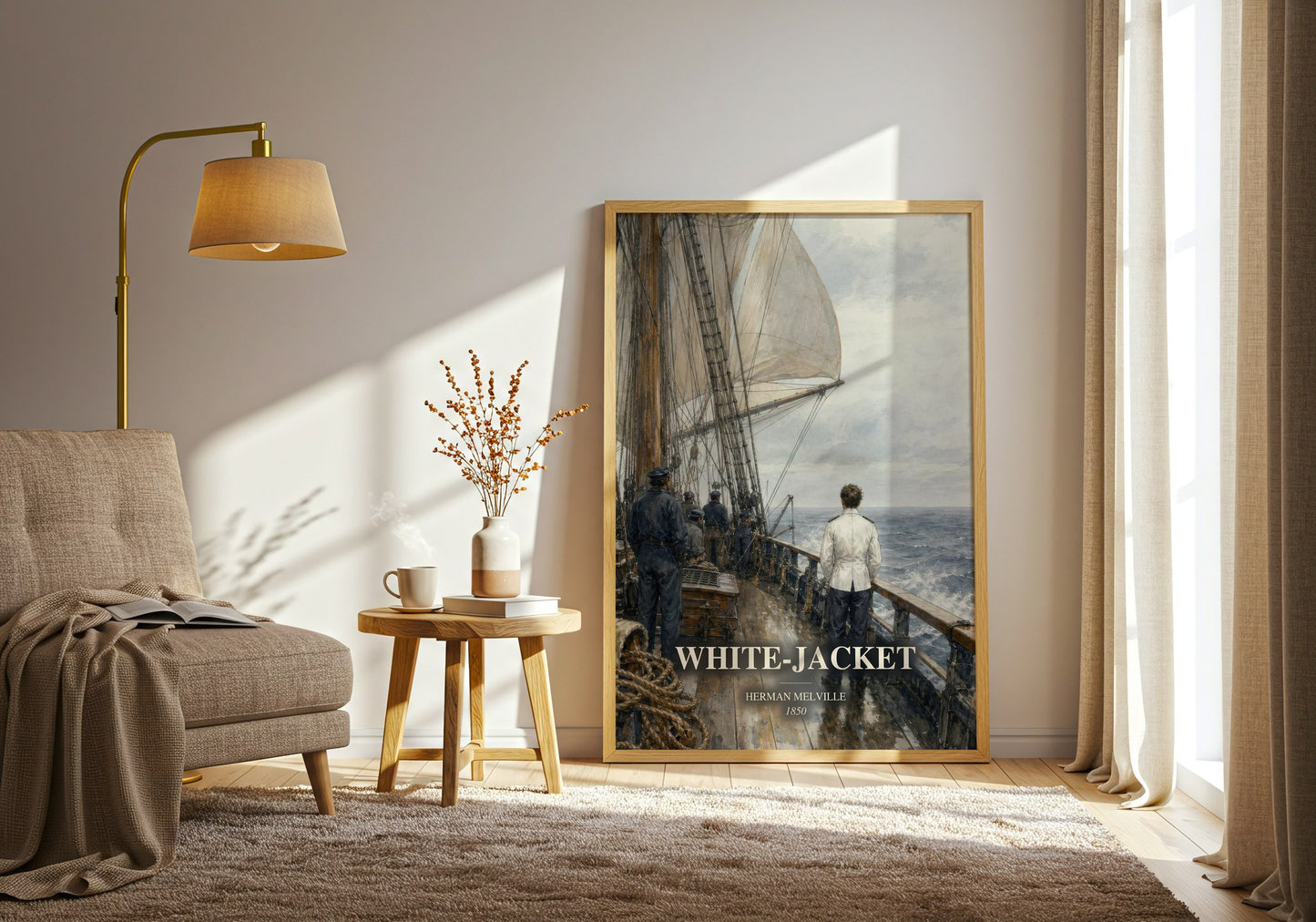 White-Jacket watercolour print in frame leaning in hallway – historical fiction wall art