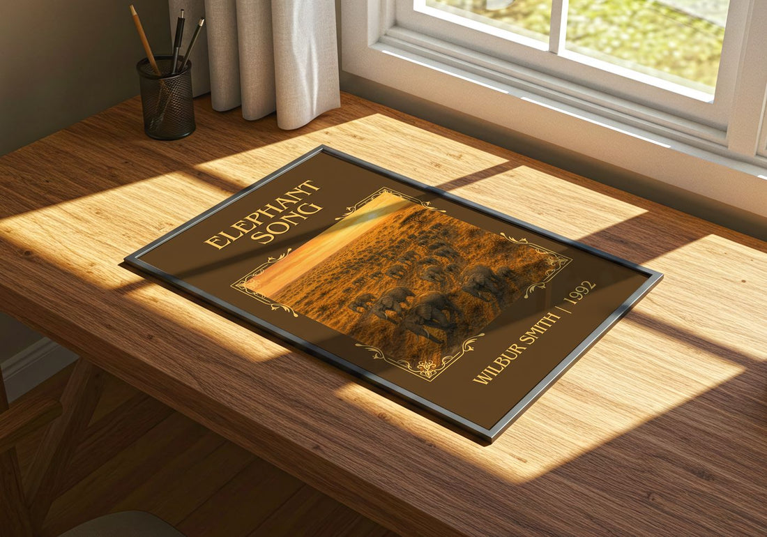 Elephant Song Classic Book Art Print by Wilbur Smith – print on a sunlit desk