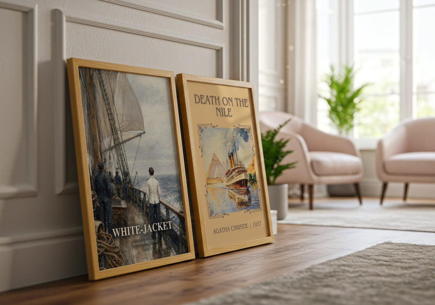 White-Jacket watercolour print framed by window – literary home decor