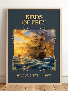 Birds of Prey Classic Book Art Print by Wilbur Smith – framed print leaning on a wooden floor