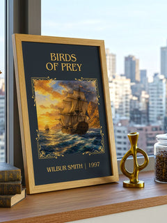 Birds of Prey Classic Book Art Print by Wilbur Smith – framed print on a city-view windowsill
