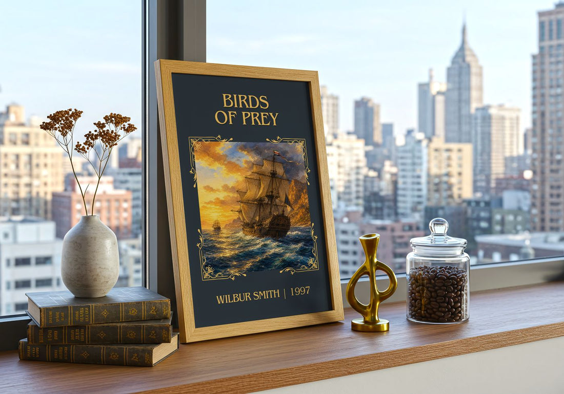 Birds of Prey Classic Book Art Print by Wilbur Smith – framed print on a city-view windowsill