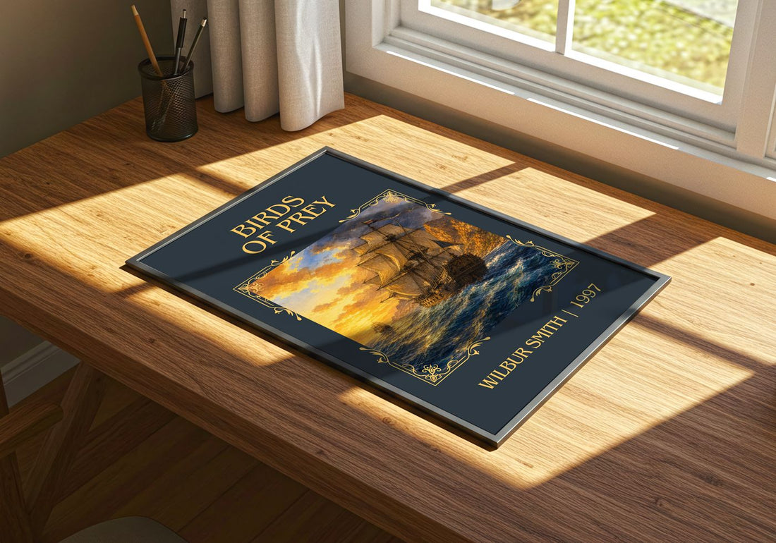 Birds of Prey Classic Book Art Print by Wilbur Smith – print on a sunlit desk