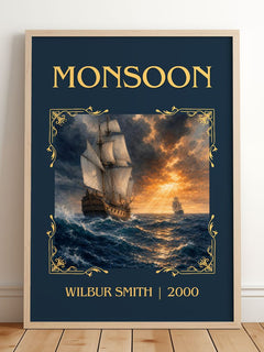 Monsoon Classic Book Art Print by Wilbur Smith – framed print leaning on a wooden floor