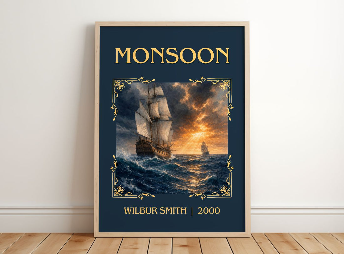 Monsoon Classic Book Art Print by Wilbur Smith – framed print leaning on a wooden floor