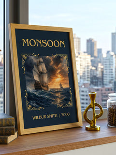 Monsoon Classic Book Art Print by Wilbur Smith – framed print on a city-view windowsill