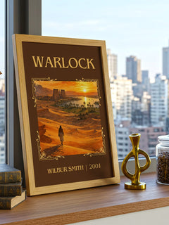 Warlock Classic Book Art Print by Wilbur Smith – framed print on a city-view windowsill