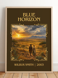 Blue Horizon Classic Book Art Print by Wilbur Smith – framed print leaning on a wooden floor