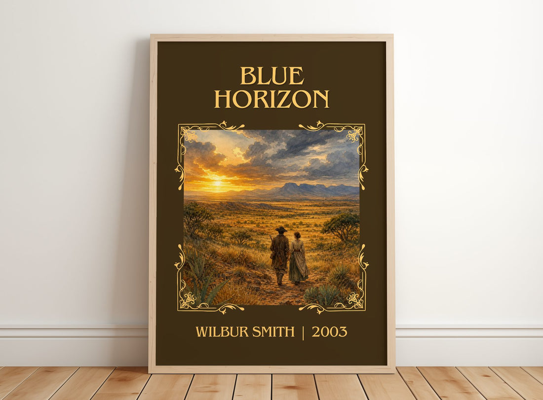 Blue Horizon Classic Book Art Print by Wilbur Smith – framed print leaning on a wooden floor