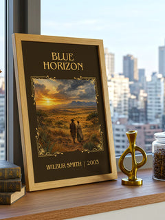 Blue Horizon Classic Book Art Print by Wilbur Smith – framed print on a city-view windowsill