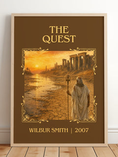 The Quest Classic Book Art Print by Wilbur Smith – framed print leaning on a wooden floor