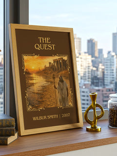 The Quest Classic Book Art Print by Wilbur Smith – framed print on a city-view windowsill