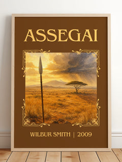 Assegai Classic Book Art Print by Wilbur Smith – framed print leaning on a wooden floor
