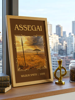 Assegai Classic Book Art Print by Wilbur Smith – framed print on a city-view windowsill