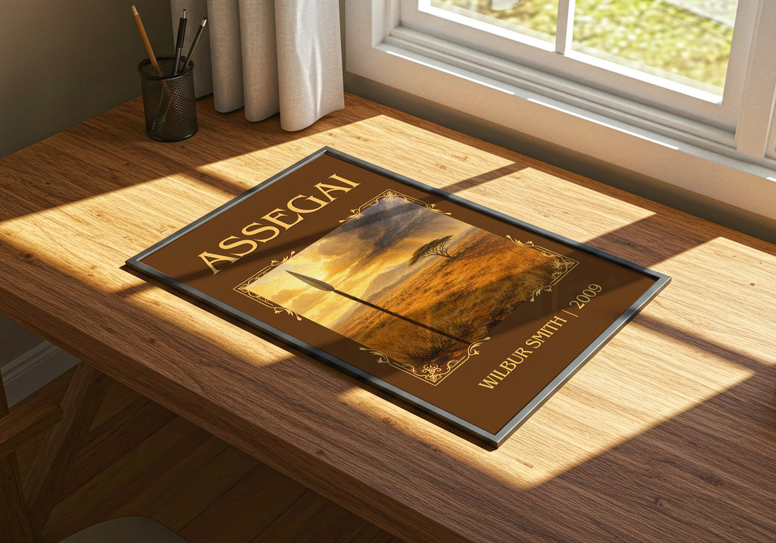Assegai Classic Book Art Print by Wilbur Smith – print on a sunlit desk